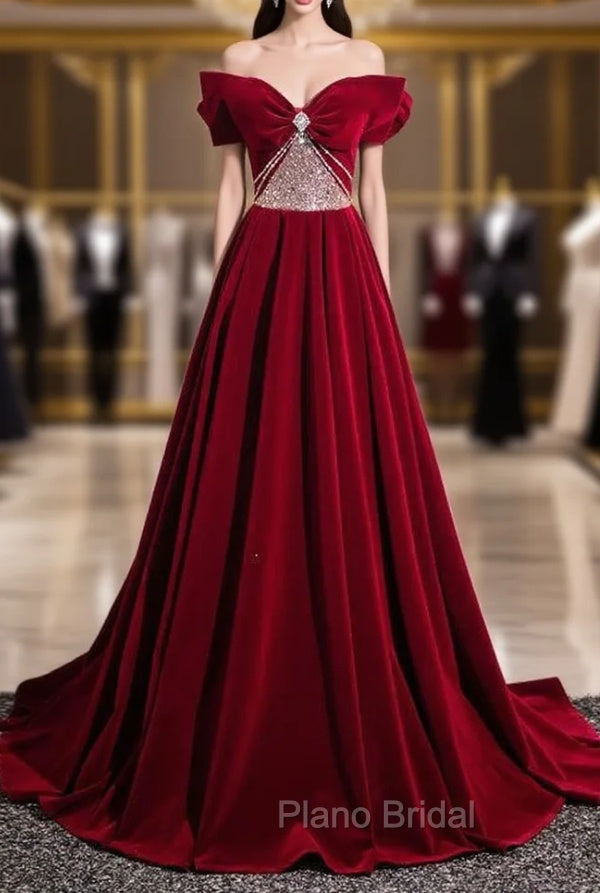 Burgundy Velvet Off the Shoulder Pleats Beading Formal Prom Dresses
