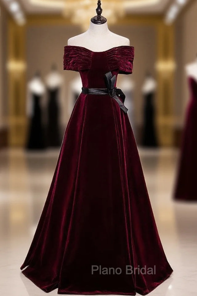 Burgundy Velvet Off the Shoulder Pleats Formal Prom Dresses With Belt Main image