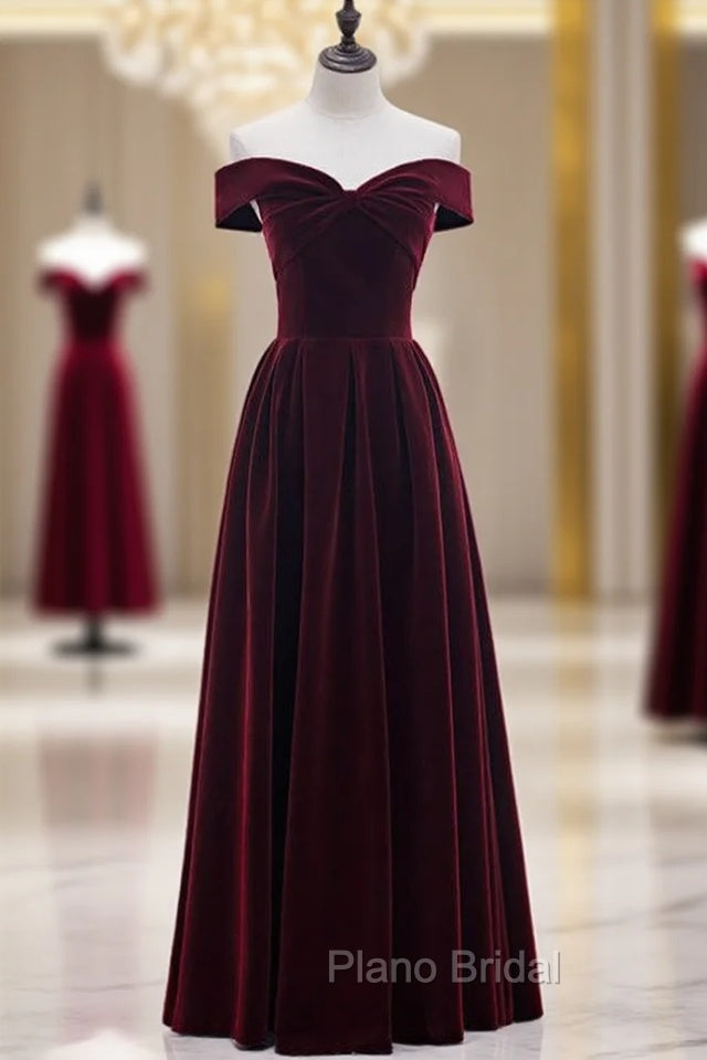 Burgundy Velvet Off the Shoulder Pleats Formal Prom Dresses Main image