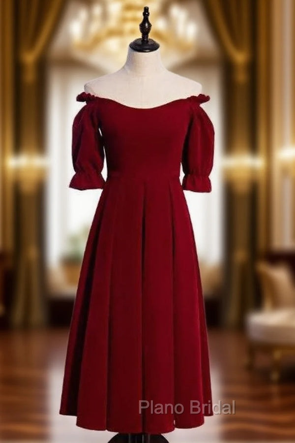 Burgundy Velvet Off the Shoulder Short Sleeve Tea Length Formal Prom Dresses