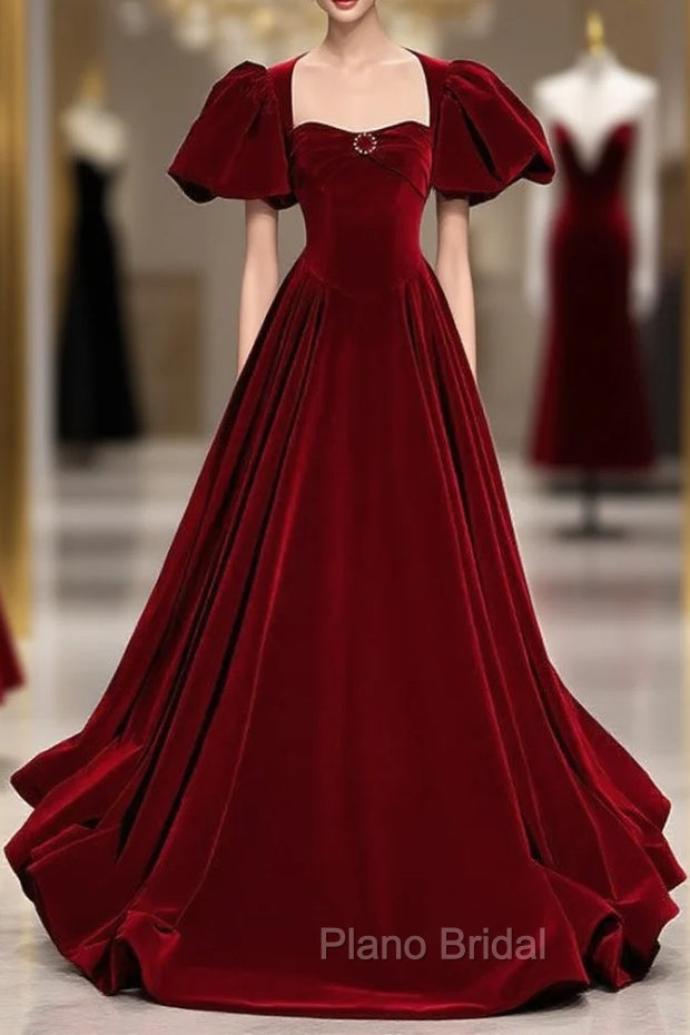 Burgundy Velvet Puff Sleeve Backless Beading Formal Prom Dresses Main image