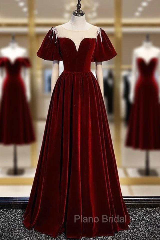 Burgundy Velvet Puff Sleeve Beading Formal Prom Dresses Main image