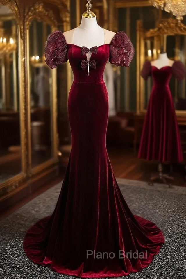 Burgundy Velvet Puff Sleeve Bow Formal Prom Dresses