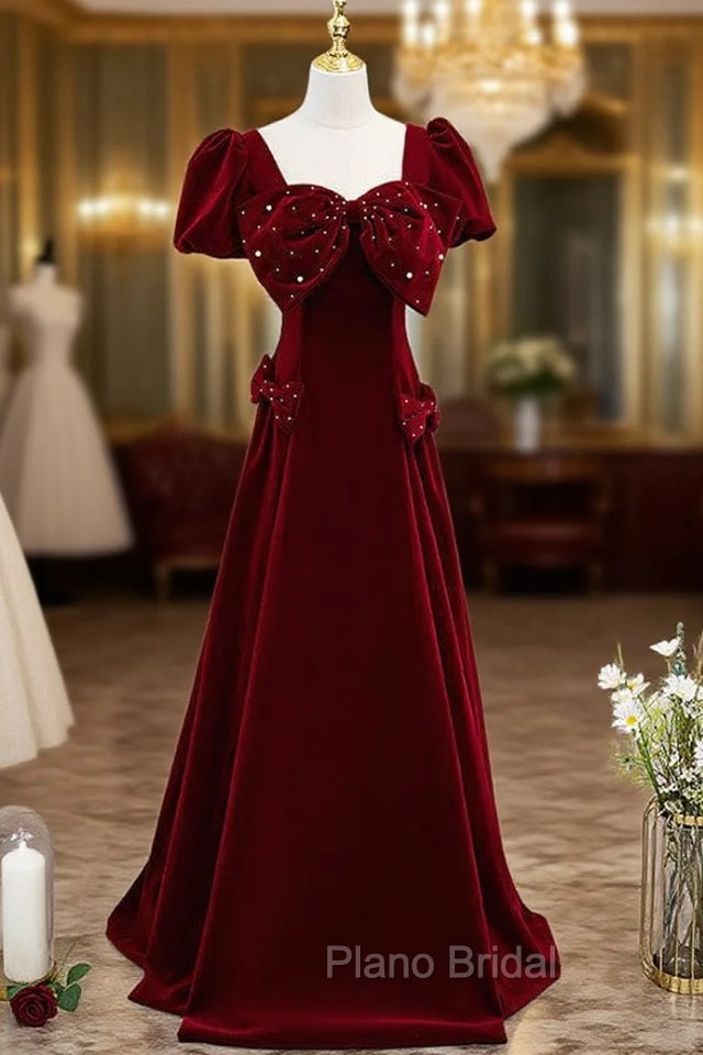 Burgundy Velvet Puff Sleeve Formal Prom Dresses With Bow Main image