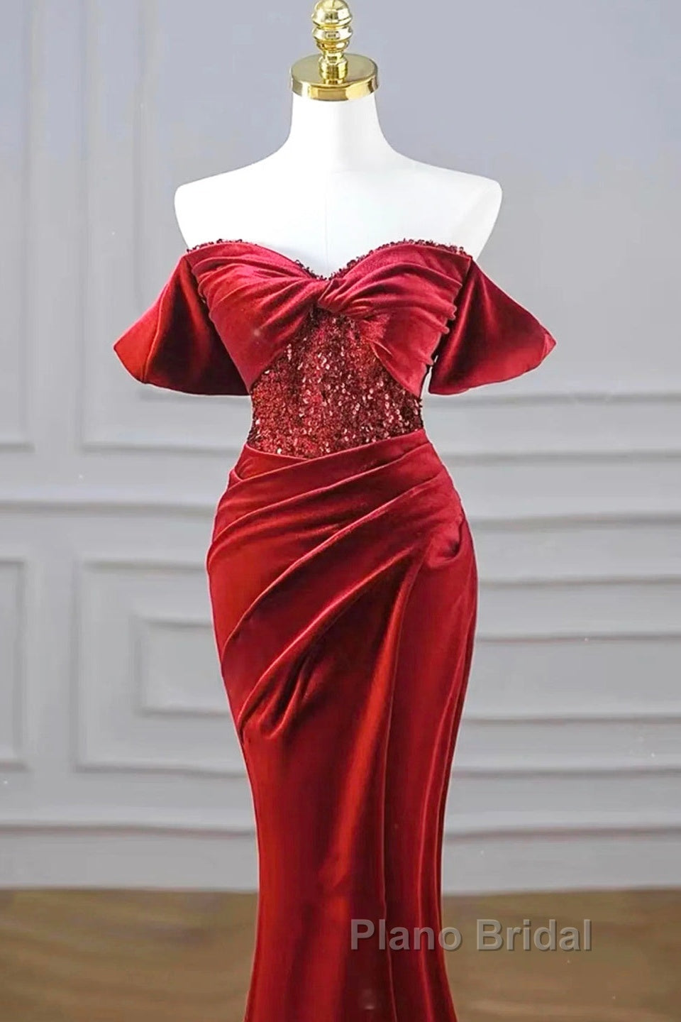 Burgundy Velvet Sequins Long Formal Prom Dresses, Mermaid Off The Shoulder Party Dresses With Slit
