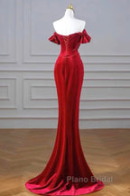 Burgundy Velvet Sequins Long Formal Prom Dresses, Mermaid Off The Shoulder Party Dresses With Slit