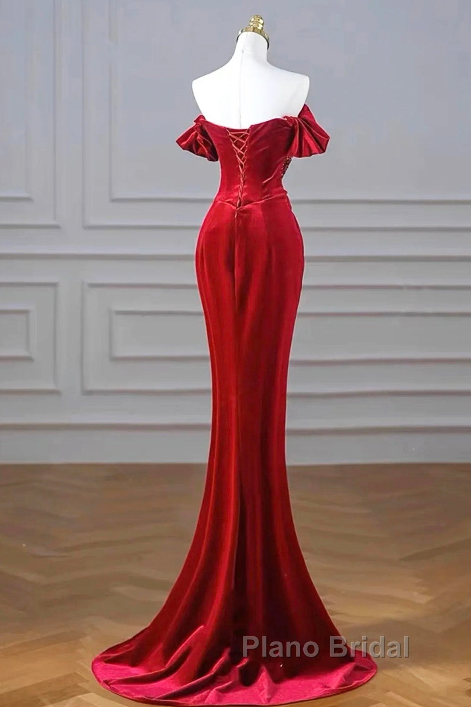 Burgundy Velvet Sequins Long Formal Prom Dresses, Mermaid Off The Shoulder Party Dresses With Slit