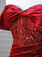 Burgundy Velvet Sequins Long Formal Prom Dresses, Mermaid Off The Shoulder Party Dresses With Slit