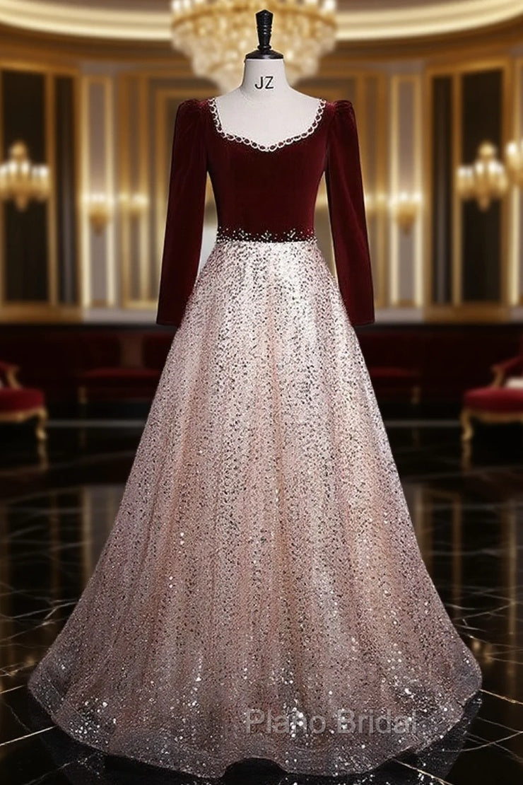 Burgundy Velvet Sequins Long Sleeve Beading Formal Prom Dresses Main image