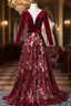 Burgundy Velvet Sequins Long Sleeve See Though V-neck Formal Prom Dresses