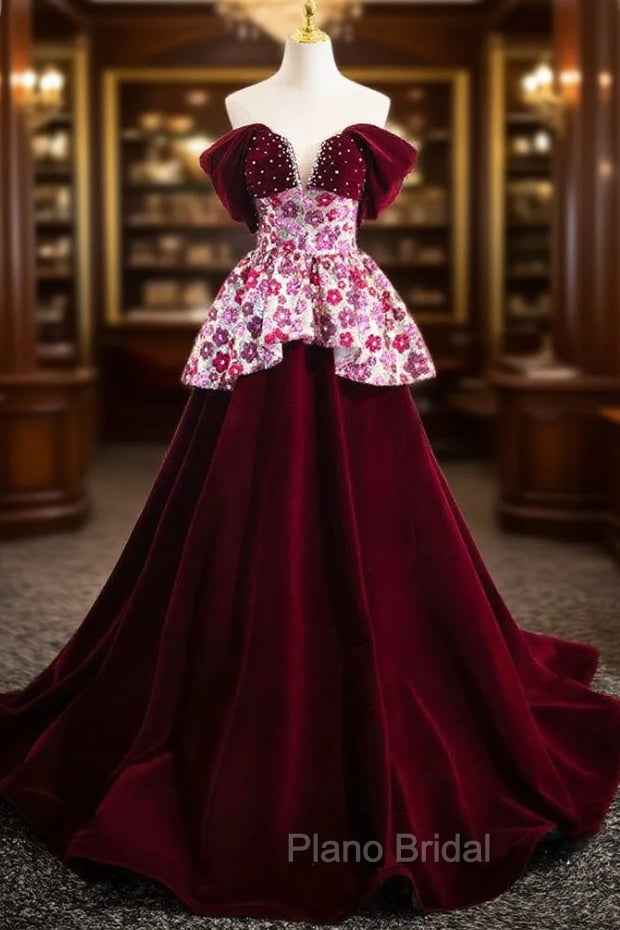 Burgundy Velvet Sequins Off the Shoulder Pearls Formal Prom Dresses Main image