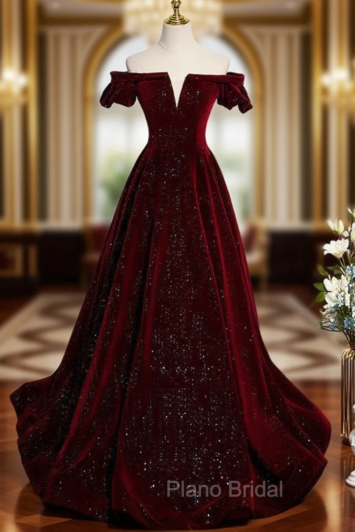 Burgundy Velvet Sequins Off the Shoulder Formal Prom Dresses