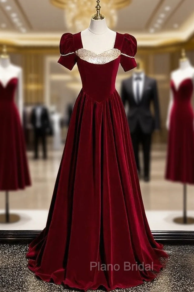 Burgundy Velvet Sequins Square Short Sleeve Formal Prom Dresses Main image