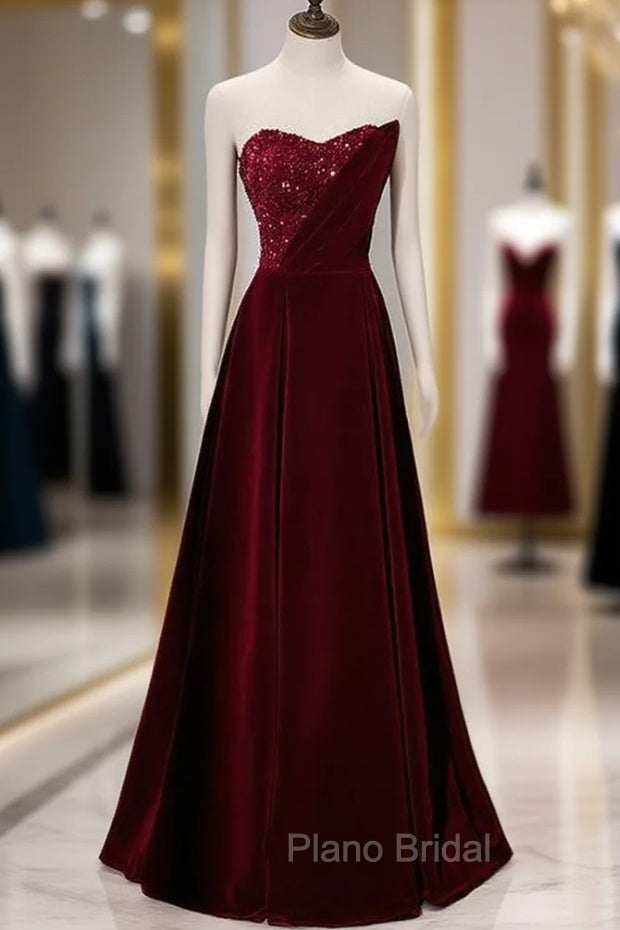 Burgundy Velvet Sequins Strapless Formal Prom Dresses