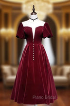 Burgundy Velvet Short Formal Prom Dresses, Cute A-Line Party Dresses