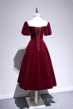 Burgundy Velvet Short Formal Prom Dresses, Cute A-Line Party Dresses
