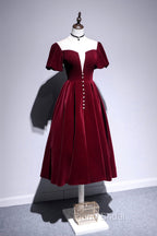 Burgundy Velvet Short Formal Prom Dresses, Cute A-Line Party Dresses