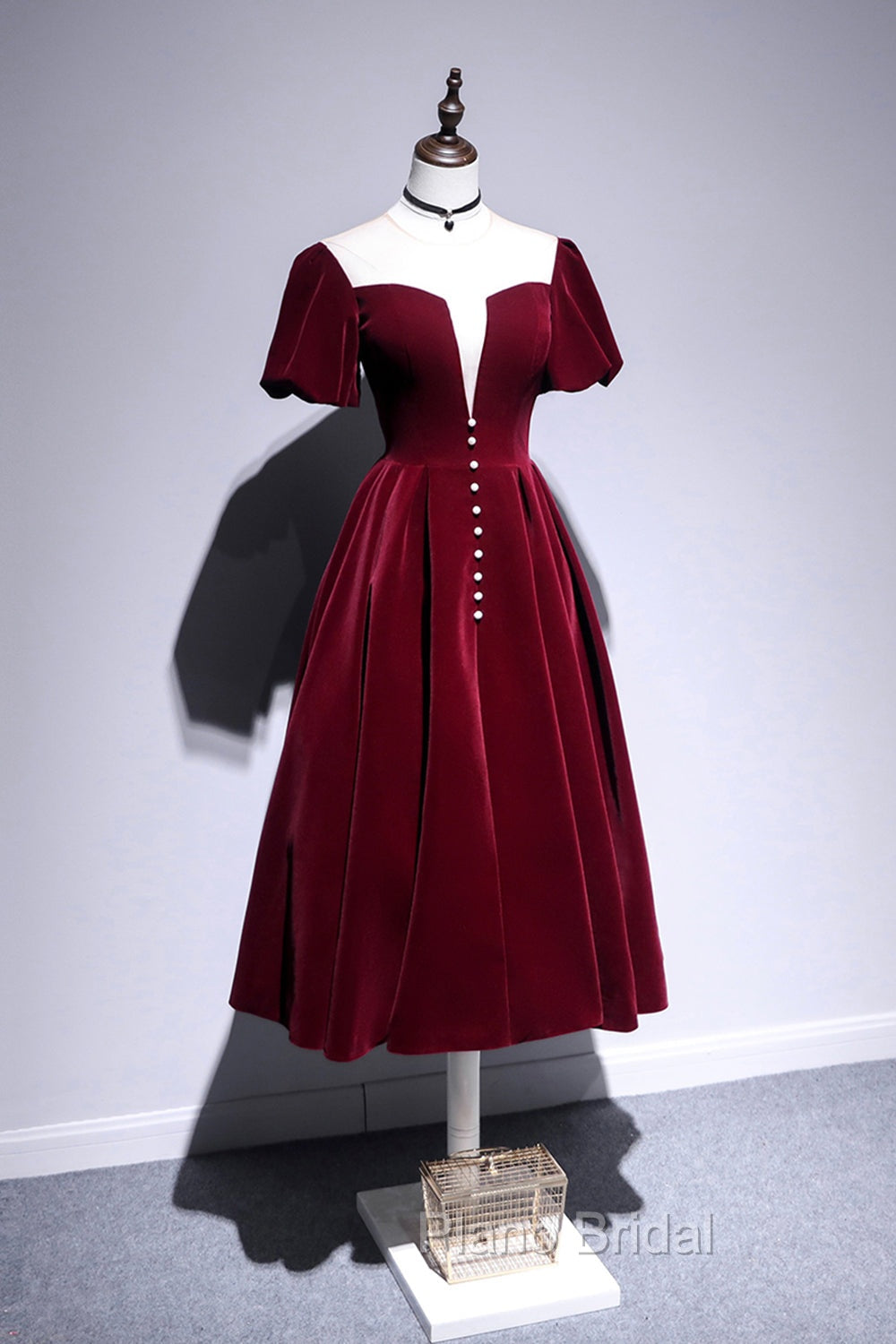 Burgundy Velvet Short Formal Prom Dresses, Cute A-Line Party Dresses