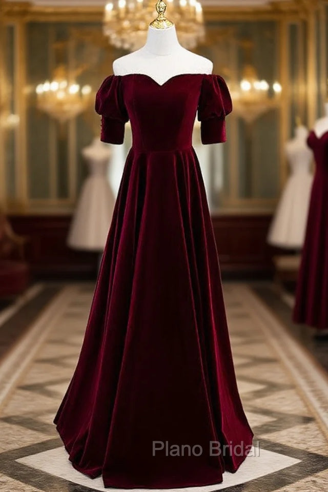 Burgundy Velvet Short Sleeve Long Formal Prom Dresses Main image