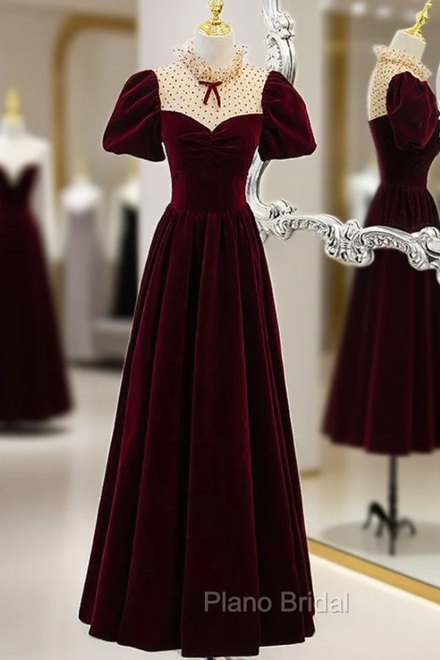 Burgundy Velvet Short Sleeve Formal Prom Dresses