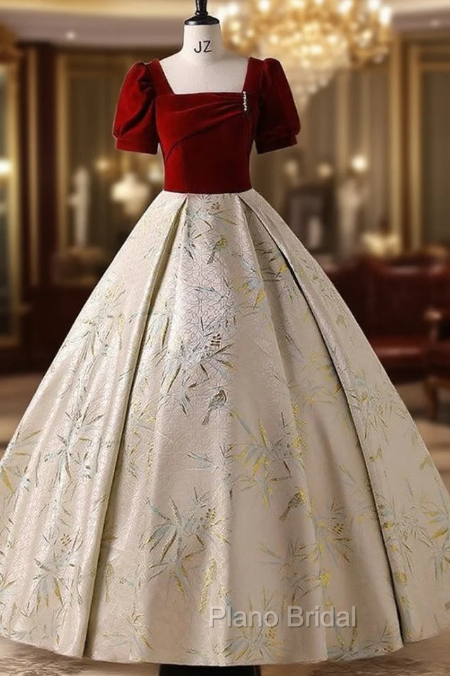 Burgundy Velvet Short Sleeve Quinceanera Dresses Main image