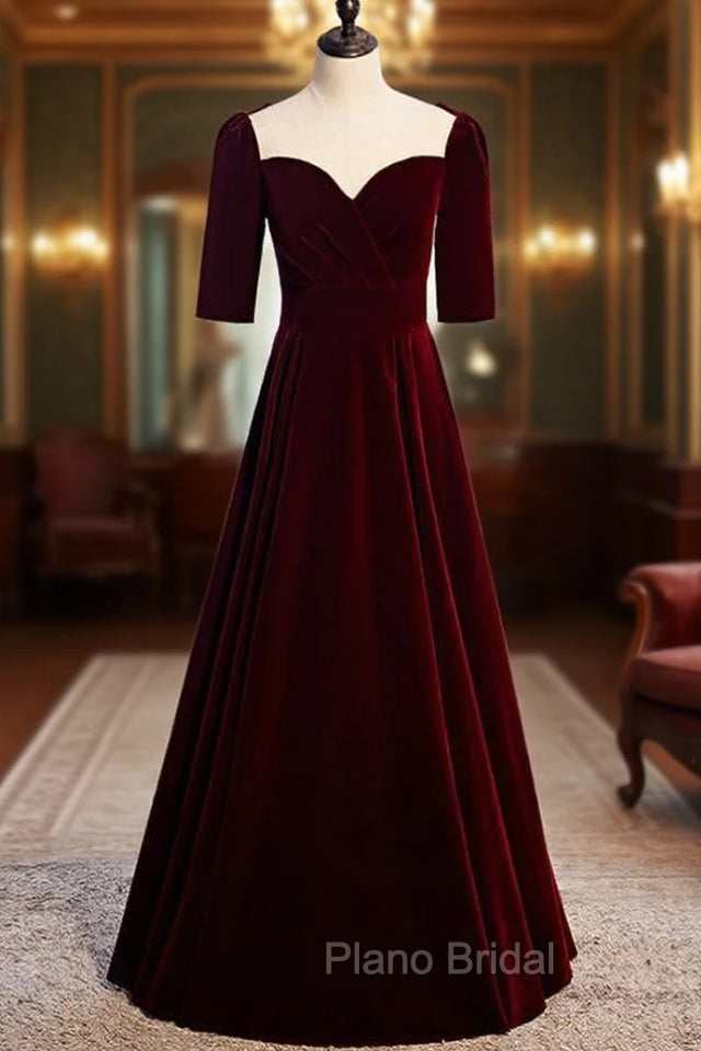 Burgundy Velvet Short Sleeve Scoop Formal Prom Dresses Main image