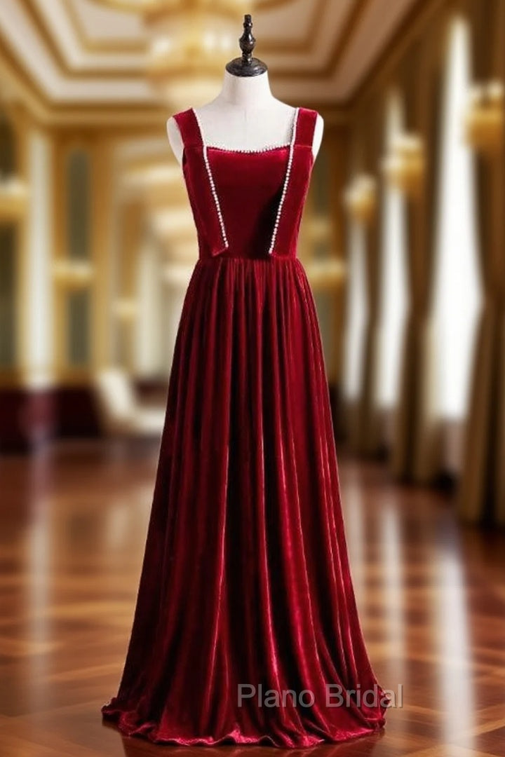 Burgundy Velvet Sleeveless Pearls Long Formal Prom Dresses Main image