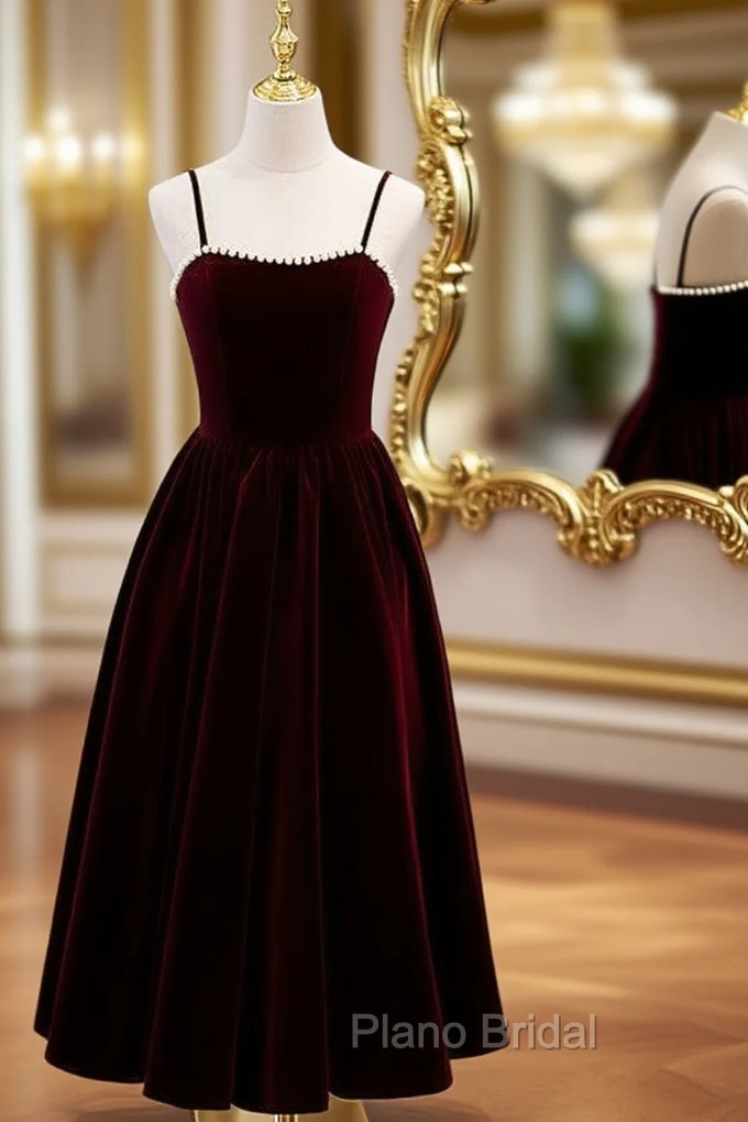 Burgundy Velvet Spaghetti Straps Pearls Formal Prom Dresses Main image