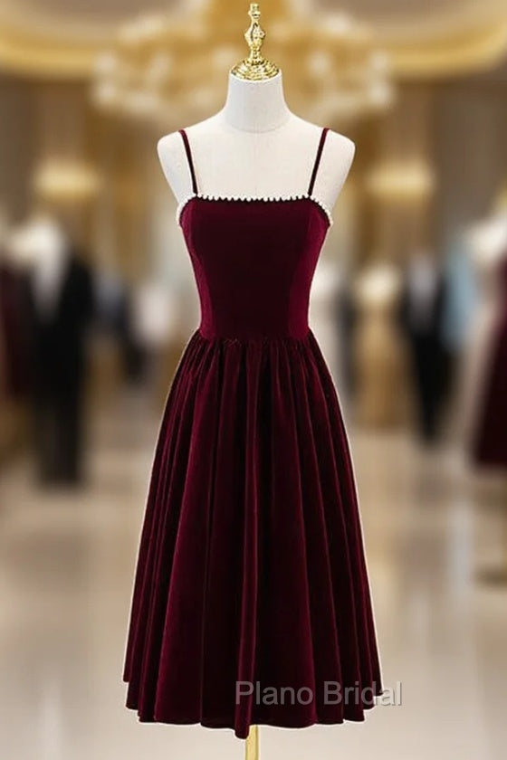 Burgundy Velvet Spaghetti Straps Tea Length Formal Prom Dresses Main image