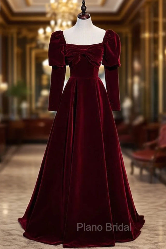 Burgundy Velvet Square Bow Long Sleeve Formal Prom Dresses Main image