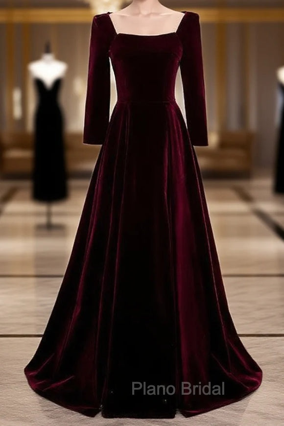 Burgundy Velvet Square Long Sleeve Long Formal Prom Dresses Main image