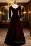 Burgundy Velvet Square Long Sleeve Formal Prom Dresses