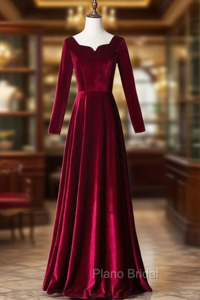 Burgundy Velvet Square Neck Long Sleeve Formal Prom Dresses Main image