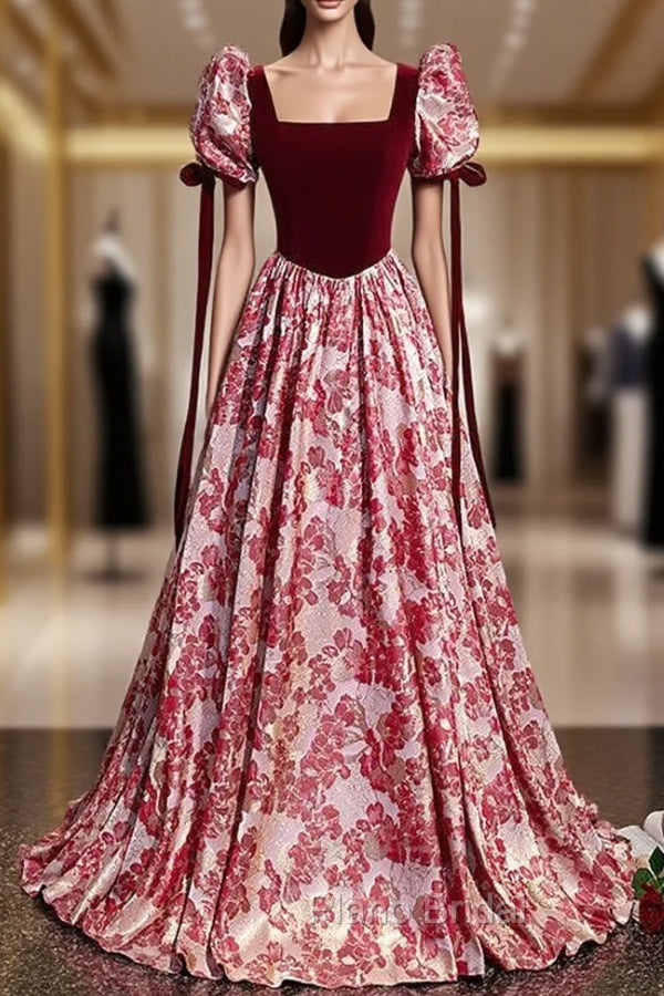 Burgundy Velvet Square Neck Puff Sleeve Formal Prom Dresses Main image
