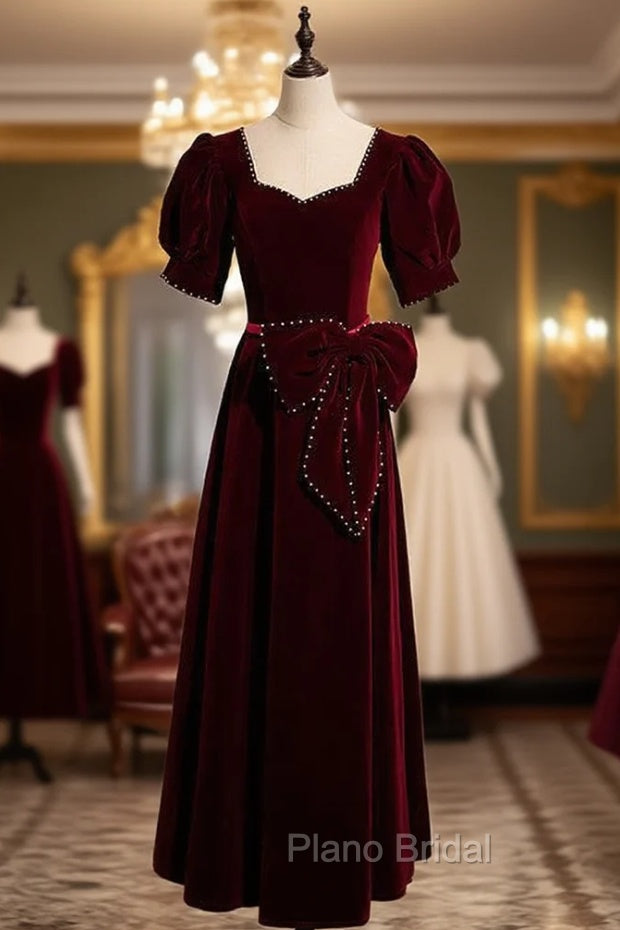 Burgundy Velvet Square Puff Sleeve Pearls Formal Prom Dresses Main image