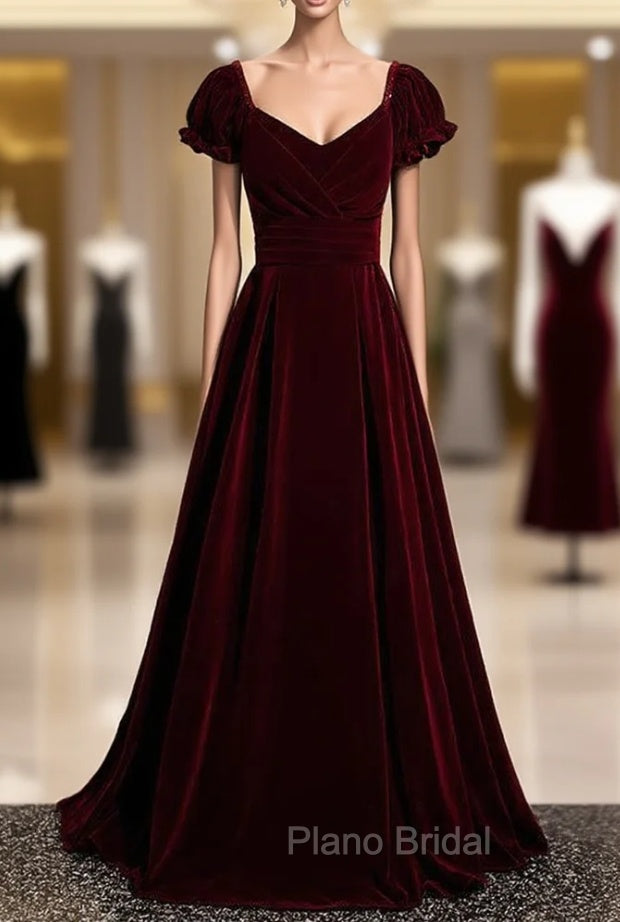 Burgundy Velvet Square Puff Sleeve Pleats Formal Prom Dresses Main image
