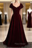 Burgundy Velvet Square Puff Sleeve Pleats Formal Prom Dresses