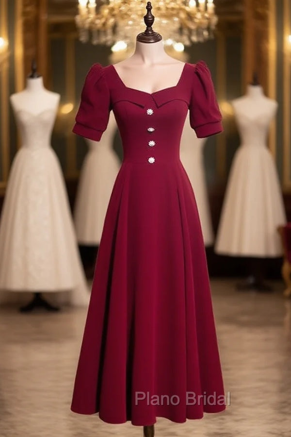 Burgundy Velvet Square Puff Sleeve Formal Prom Dresses