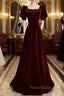 Burgundy Velvet Square Short Sleeve Beading Formal Prom Dresses