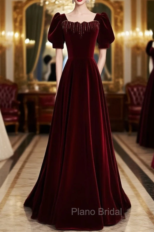 Burgundy Velvet Square Short Sleeve Beading Formal Prom Dresses