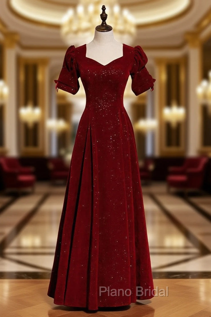 Burgundy Velvet Square Short Sleeve Long Formal Prom Dresses