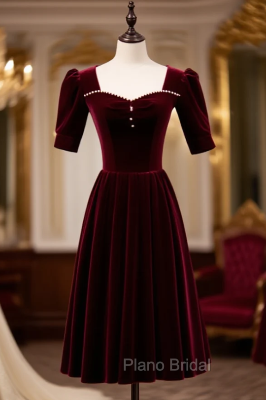 Burgundy Velvet Square Short Sleeve Pearls Formal Prom Dresses Main image