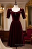 Burgundy Velvet Square Short Sleeve Pearls Formal Prom Dresses