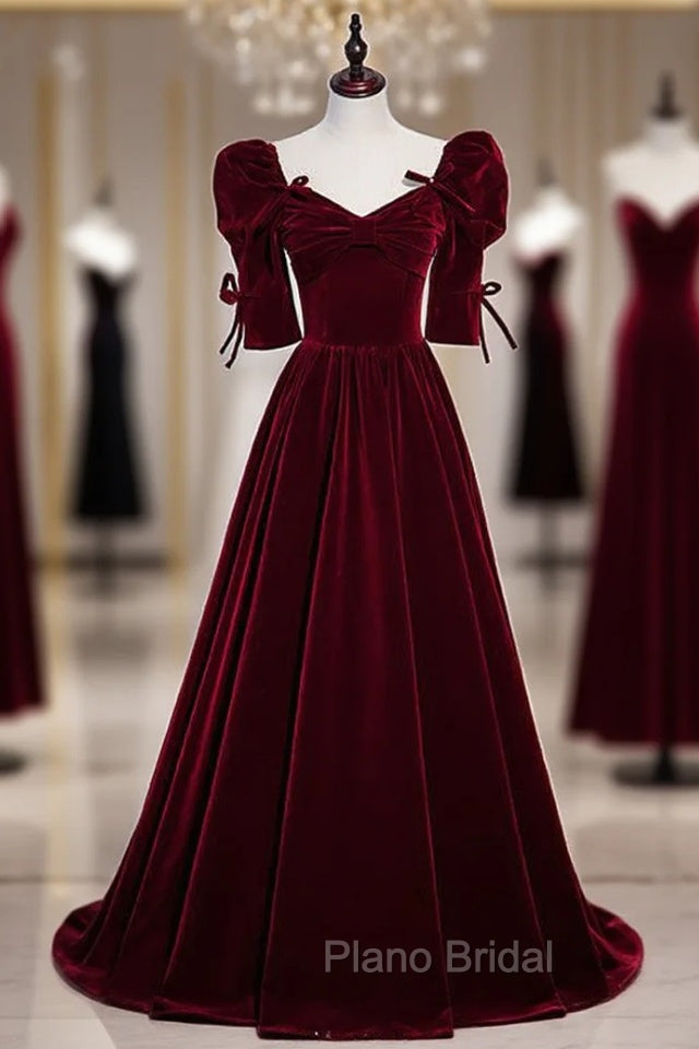 Burgundy Velvet Square Short Sleeve Pleats Formal Prom Dresses Main image