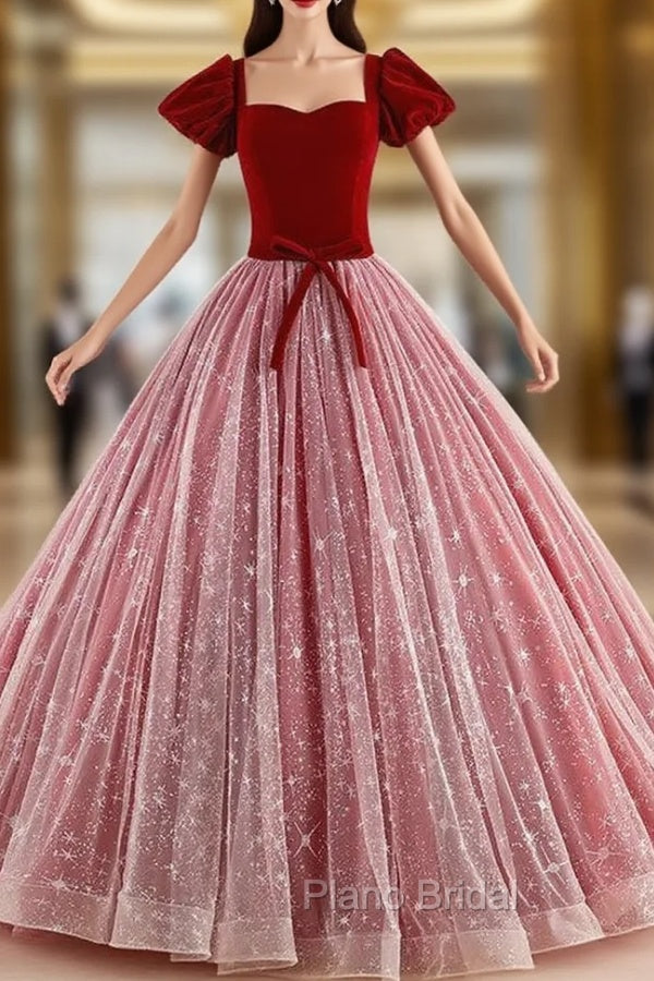 Burgundy Velvet Square Short Sleeve Quinceanera Dresses Main image