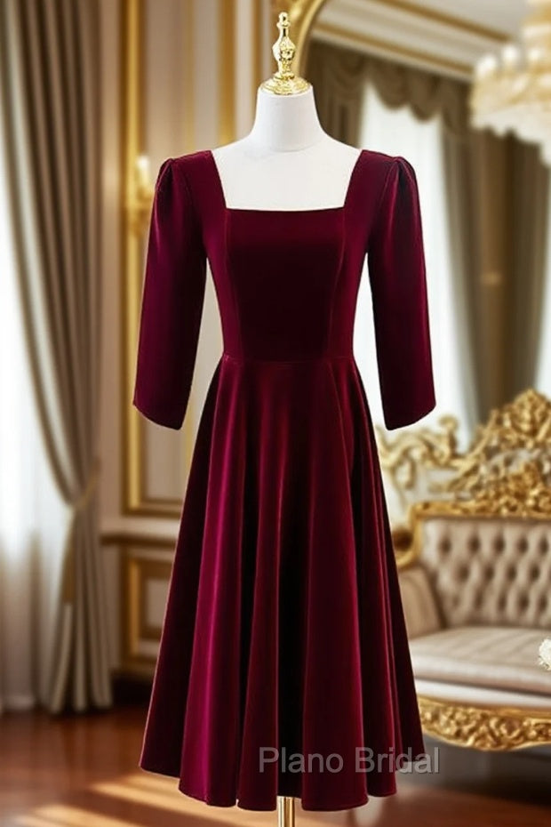 Burgundy Velvet Square Short Sleeve Short Formal Prom Dresses Main image