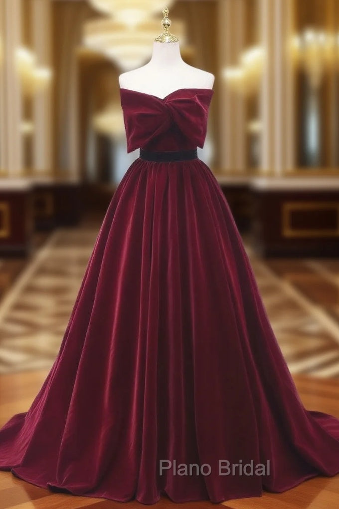 Burgundy Velvet Strapless Bow Formal Prom Dresses