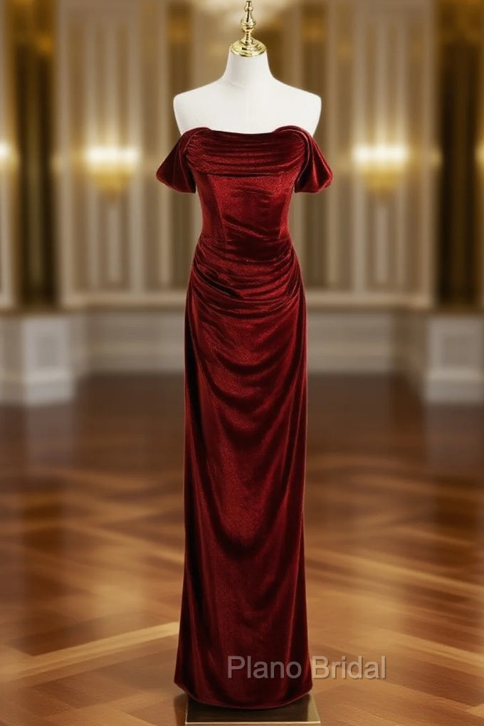 Burgundy Velvet Strapless Pleats Formal Prom Dresses