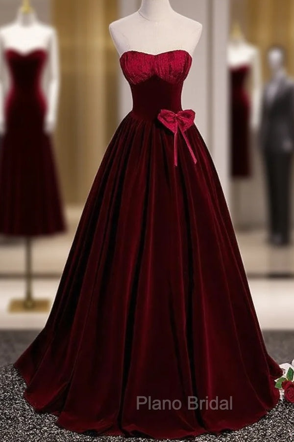 Burgundy Velvet Strapless Formal Prom Dresses Main image