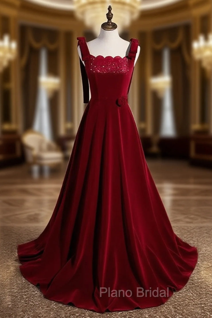 Burgundy Velvet Straps Beading Formal Prom Dresses Main image